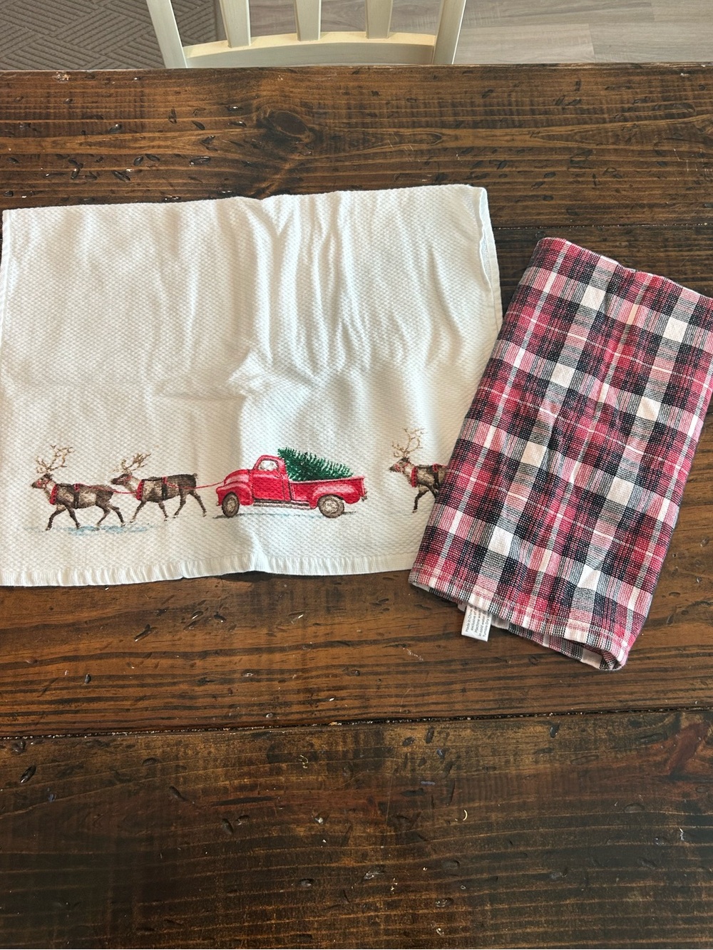 Festive Red Truck & Reindeer Kitchen Towel Set - White and Red Plaid